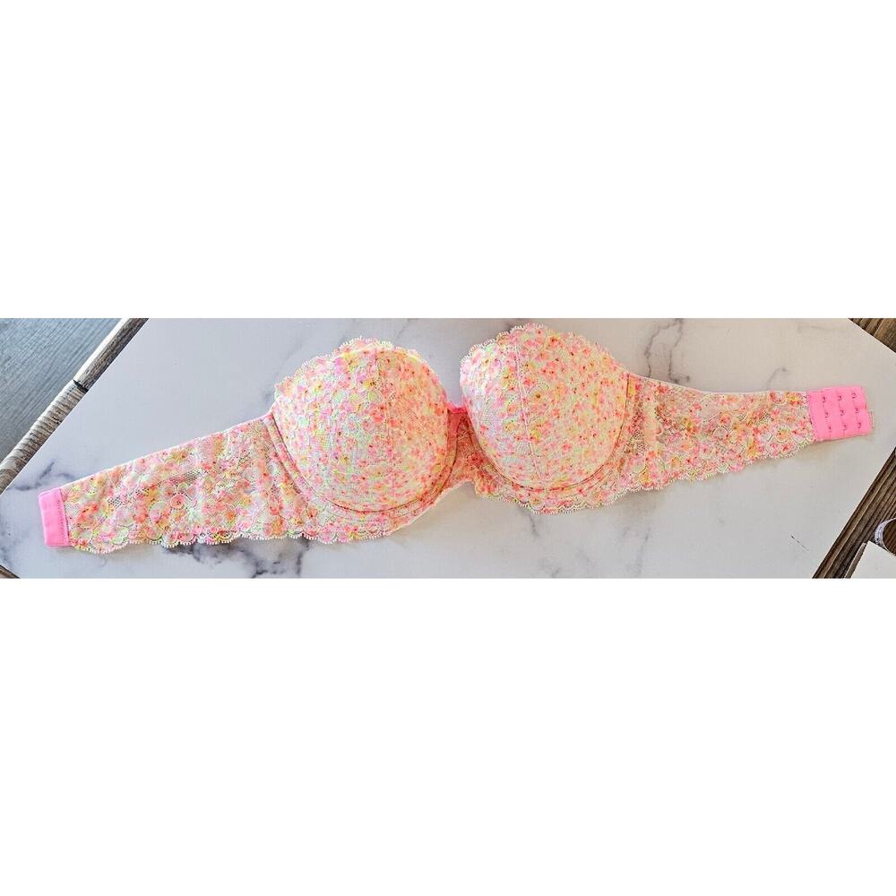 Victorias Secret Dream Angels Strapless Bra 34D Pink Floral Lace Neon Underwire